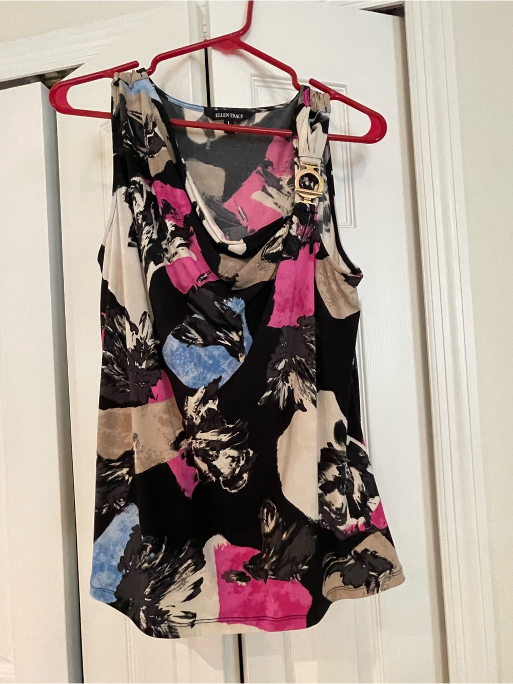 Ellen Tracy Black Multi-Color Abstract Floral Cowl Neck Camisole